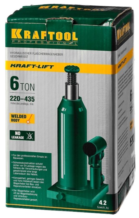 Домкрат бутылочный гидравлический Kraftool Kraft-Lift 43462-6_z01 (6 т) зеленый