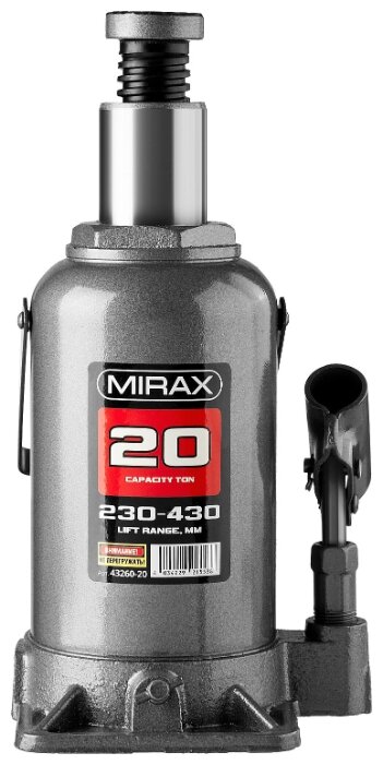 Домкрат бутылочный гидравлический Mirax 43260-20 (20 т) серый