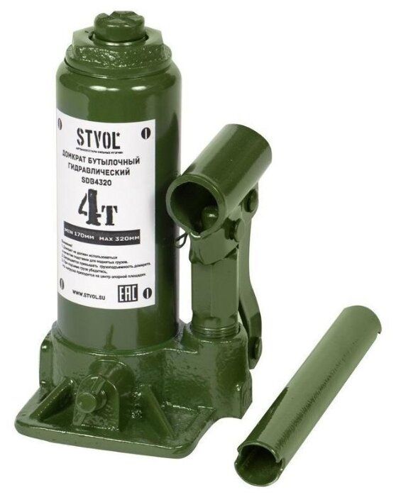 Домкрат бутылочный гидравлический STVOL SDB4320 (4 т) зеленый