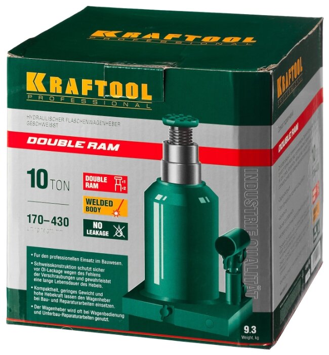 Домкрат бутылочный гидравлический Kraftool Double Ram 43463-10 (10 т) зеленый