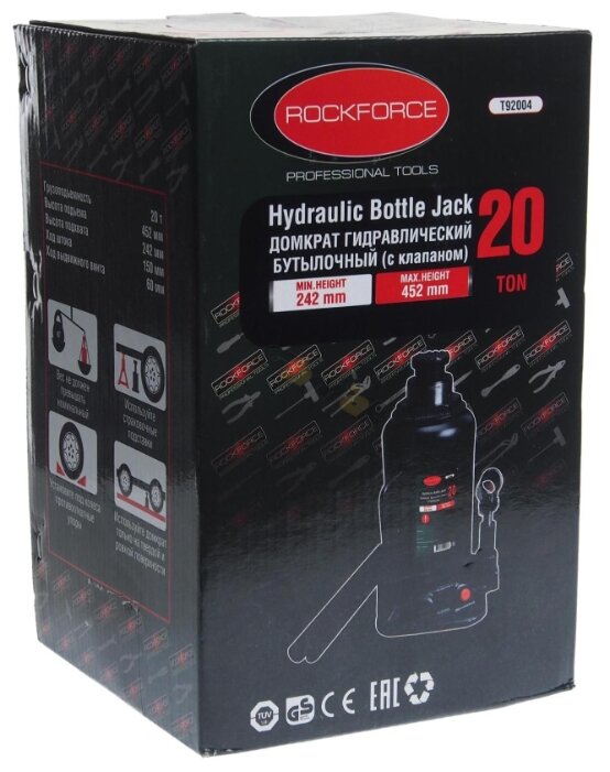 Домкрат бутылочный гидравлический ROCKFORCE RF-T92004 (20 т) черный